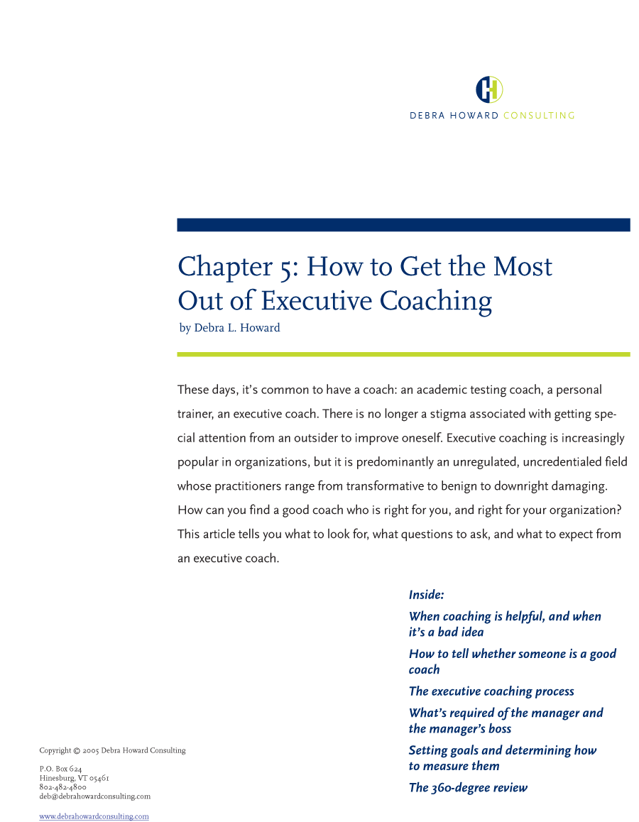 Debra Howard Consulting Article Preview: Executive Coaching, Including 360-Degree Feedback 